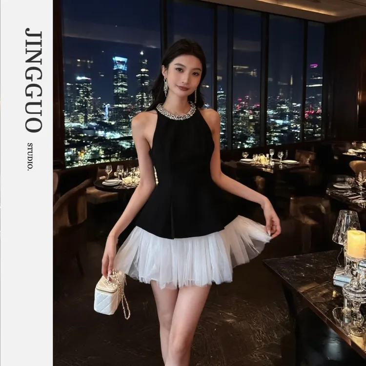 【JINGGUO轻奢】小众设计感法式气质名媛拼接网纱高级小黑裙7436