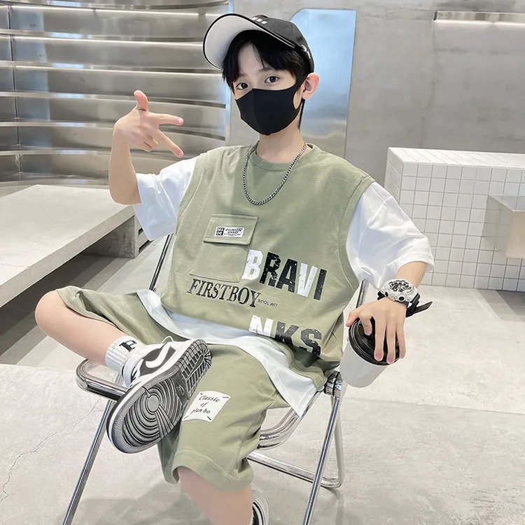 戴维贝拉【断码】男童夏装短袖套装夏季假两件中大童新款儿童运动帅