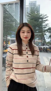 萱萱【蝴蝶结】新款百搭显瘦半扣绵羊毛针织衫516316 111202