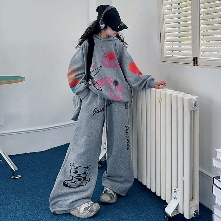 女童阔腿裤套装秋装2025新款女大童春秋运动衣服儿童秋季连帽卫衣