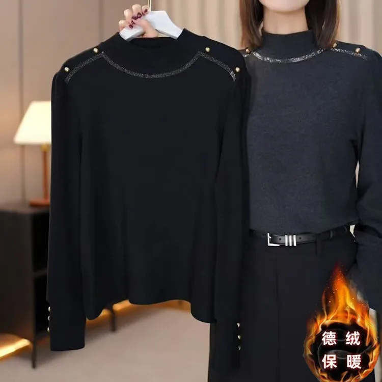 新款T恤德绒保暖气质半高领打底衫烫钻纽扣百搭套头显瘦上衣女