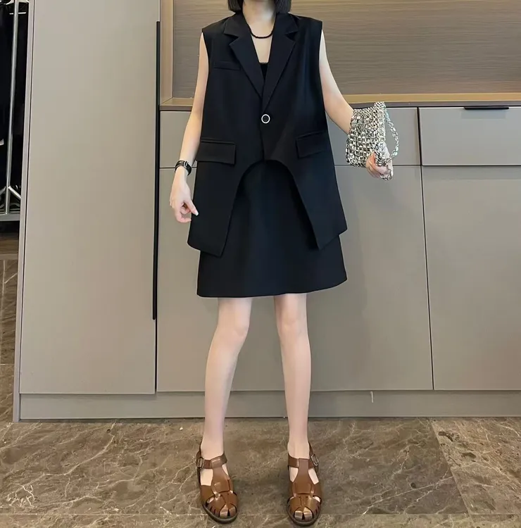 米可/MK-2610LJ【不规则西装马甲+裙裤套装】时尚夏季新款两件套