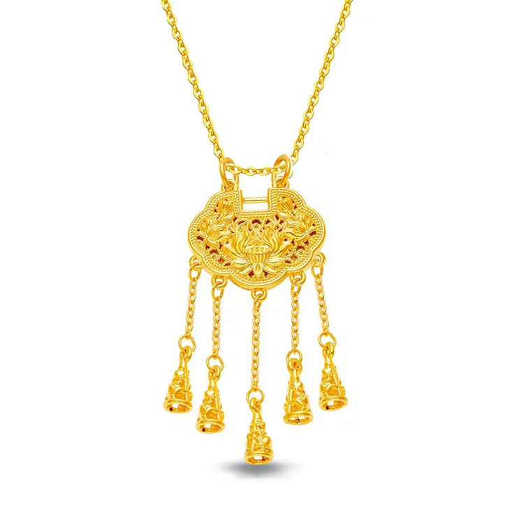 足金999流苏铃铛长命锁国风黄金吊坠璎珞锁生日情人节送女友 女款