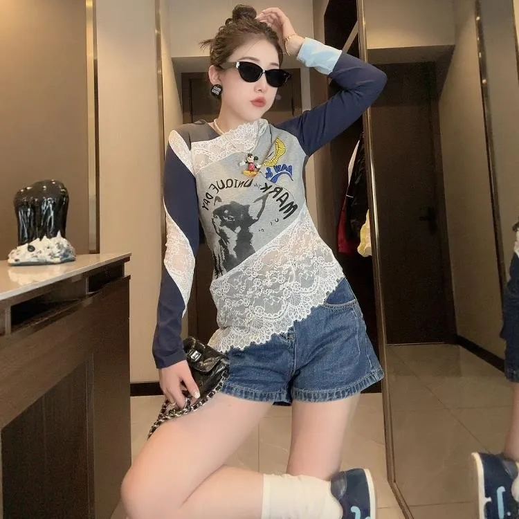 撞色涂鸦字母印花蕾丝拼接长袖薄款T恤女设计感不规则独特上衣夏