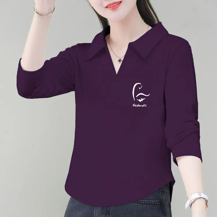 简约设计感2025春秋新款纯棉翻领不规则下摆POLO衫女长袖百搭上衣