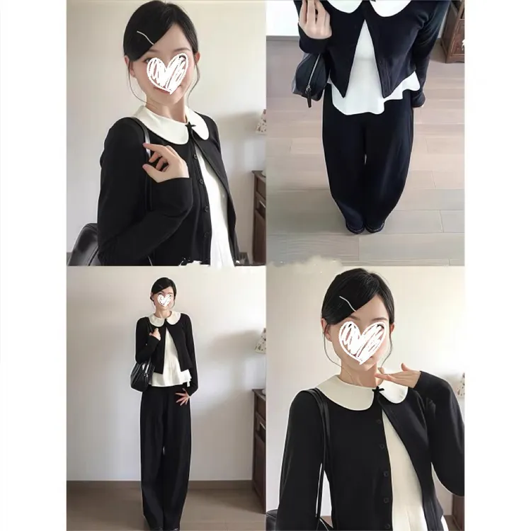 韩系秋装穿搭三件套女镂空针织开衫套装娃娃领内搭背心直筒阔腿裤