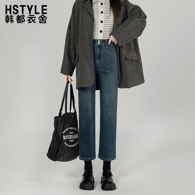 韩都衣舍复古蓝直筒牛仔裤女2025秋装爆款小个子百搭显瘦烟管裤子