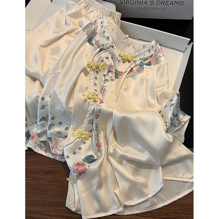 新中式国风复古印花短袖睡衣女夏季中式大码长裤家居服套装可外穿