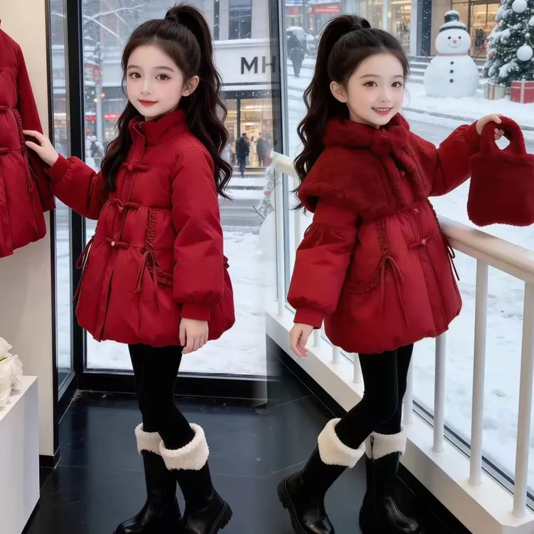 女童拜年服棉服2025冬季新款红色本命年棉袄儿童连帽加厚外套棉衣