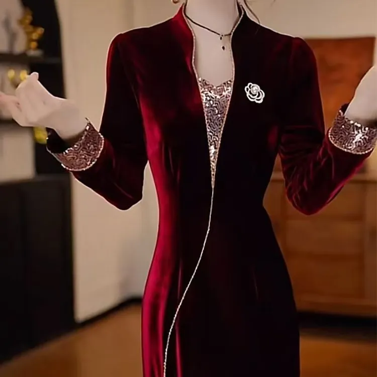 高档丝绒气质高贵轻奢优雅礼服裙新款收腰显瘦妈妈连衣裙