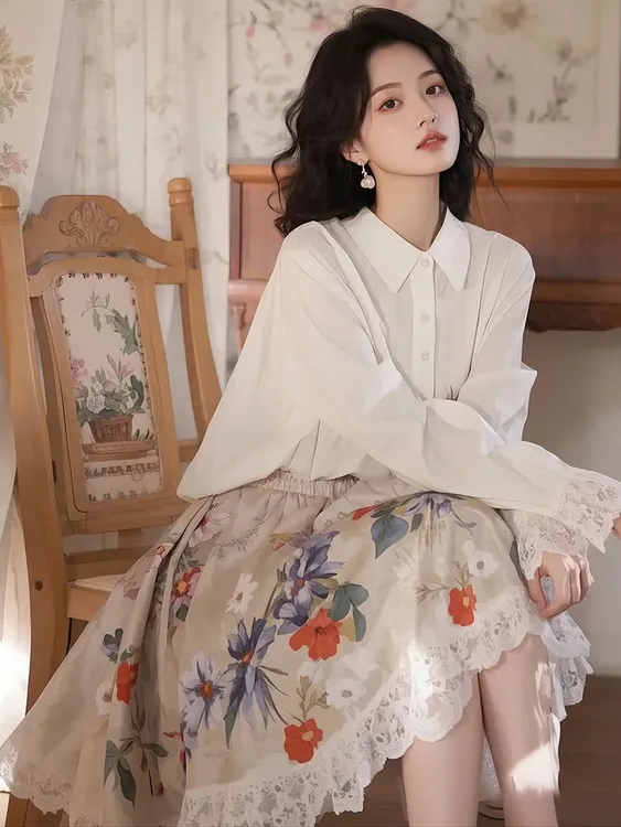 2025春季新款超火高级感白色衬衫上衣搭配碎花半身裙显瘦两件套女