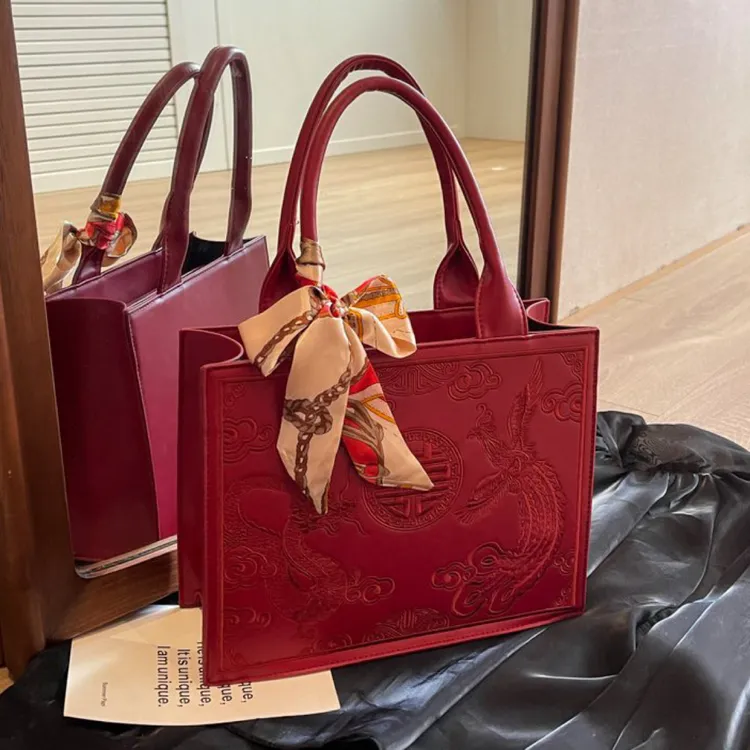 红色包包女新中式刺绣婚包单肩手提托特包婚礼结婚新娘包
