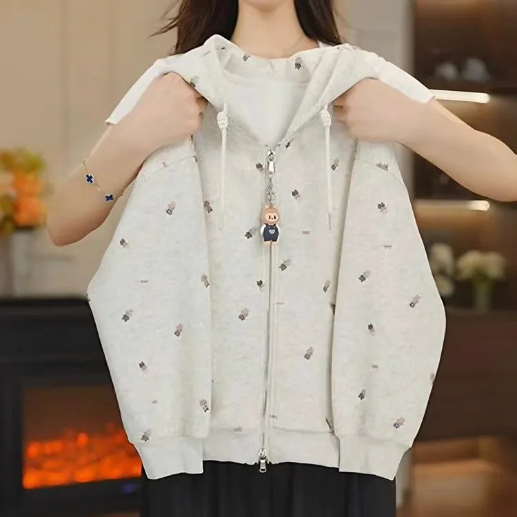 女童春秋装连帽外套2025新款儿童卡通上衣韩版女孩百搭拉链衫洋气