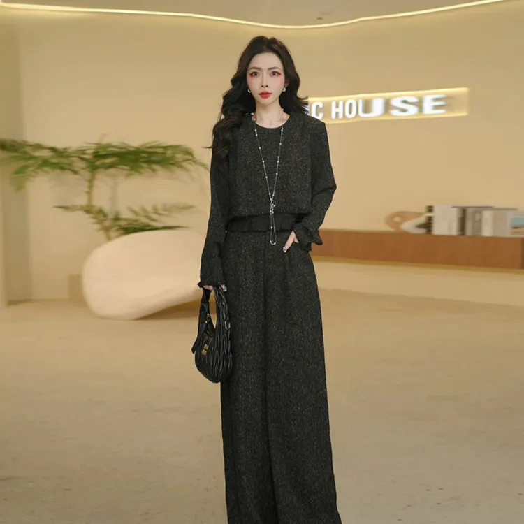 小香风简约通勤套装女2025年初秋气质休闲假两件上衣阔腿裤两件套