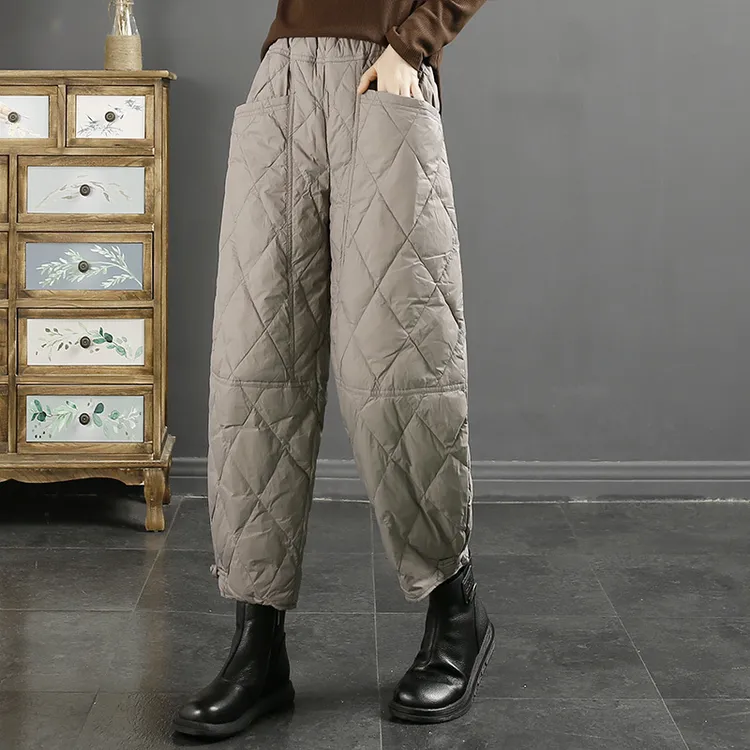 2025冬季新品文艺复古纯色菱格棉裤防风保暖加厚宽松休闲哈伦裤女