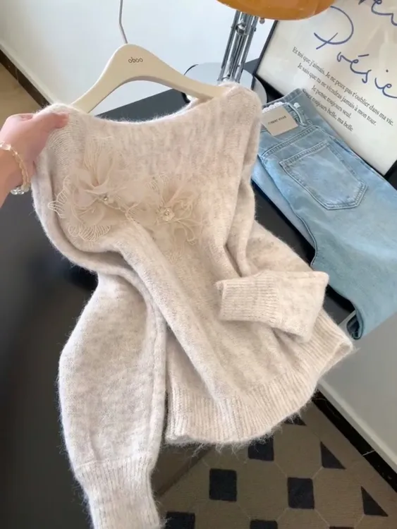 慵懒立体花朵蝴蝶结针织毛衣女2025秋冬新款宽松外套显瘦套头上衣