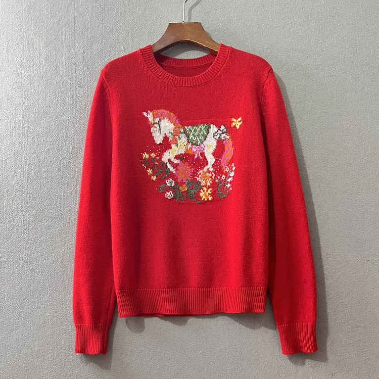 新年红生肖马提花美丽诺针织衫百搭减龄圆领彩色简约宽松厚款毛衣