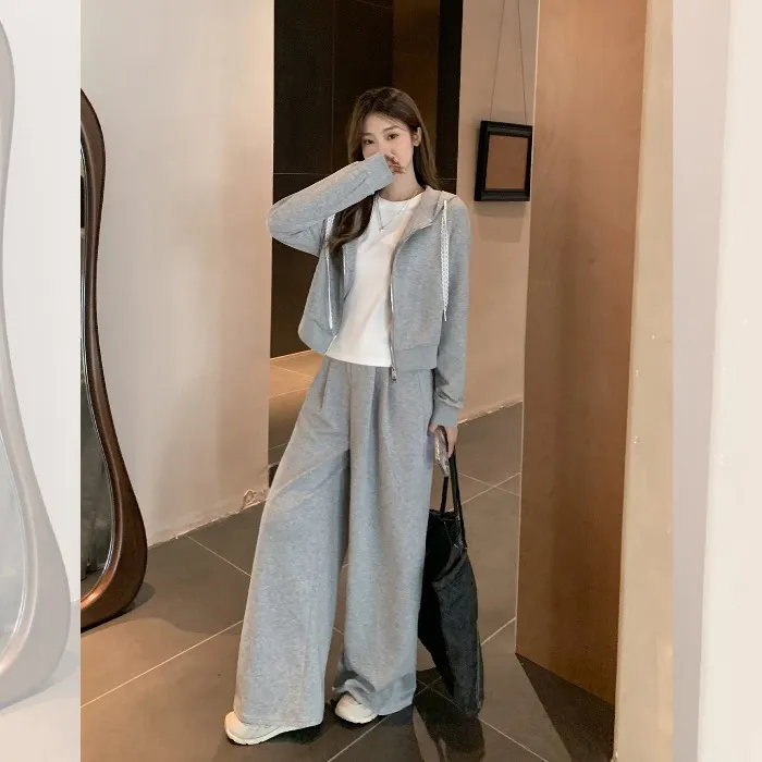 慵懒风花灰色双拉链连帽卫衣女秋季新款宽松显瘦休闲裤长裤两件套