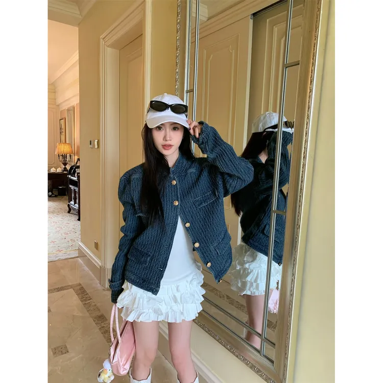 牛仔小香风外套女装秋季宽松小众肌理感立领蓝色夹克百搭气质上衣
