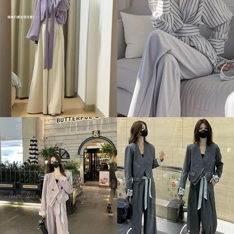 韩系高级感休闲套装女2025春季新款飘带衬衫垂感阔腿裤两件套女装