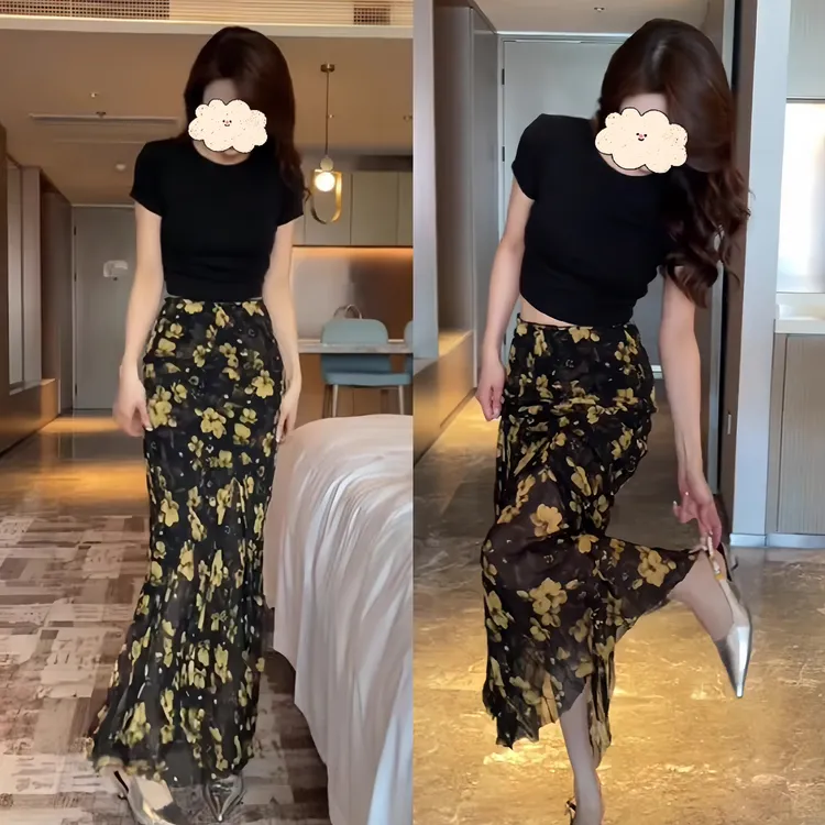 法式高级感露背短袖T恤时尚套装新款度假风气质碎花半身裙两件套