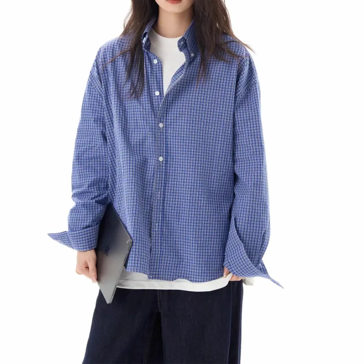 美式复古蓝色格子衬衫长袖男女高级感休闲宽松情侣衬衣外套