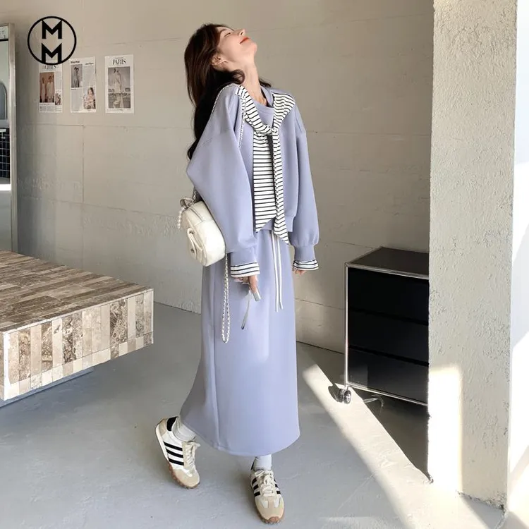 MM韩系氛围感穿搭条纹披肩超火卫衣套装女2025春季新款学院风两件
