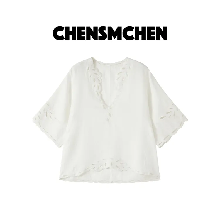 CHENSMCHEN100亚麻镂空花型刺绣衬衫女夏季简约休闲上衣CSC3035YW