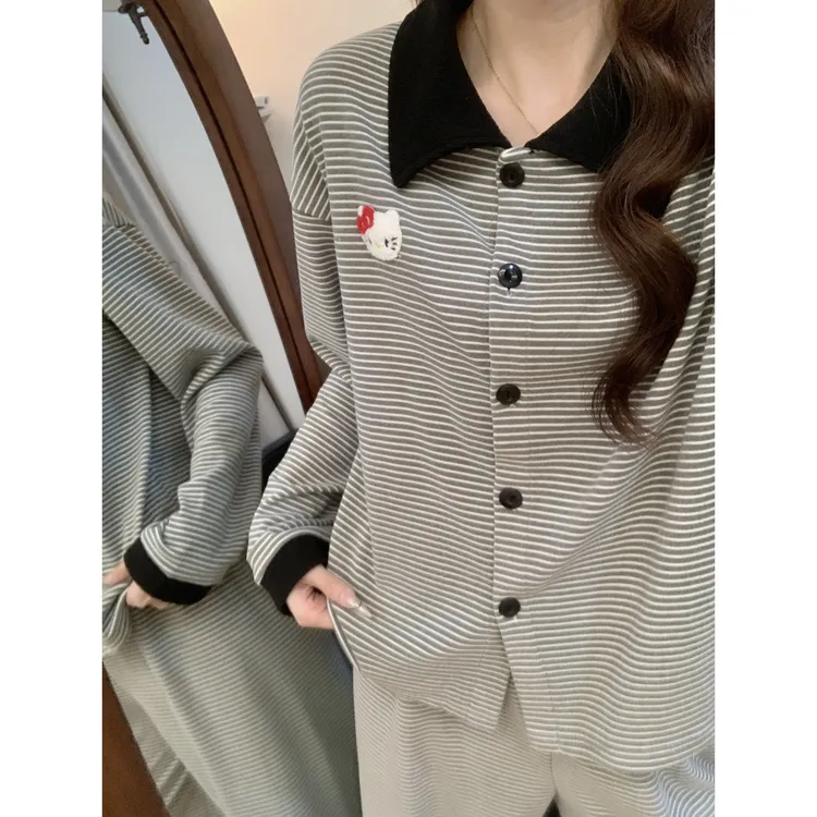 糯米绒超舒服睡衣女秋冬款薄绒韩系条纹卡通长袖长裤家居服套装