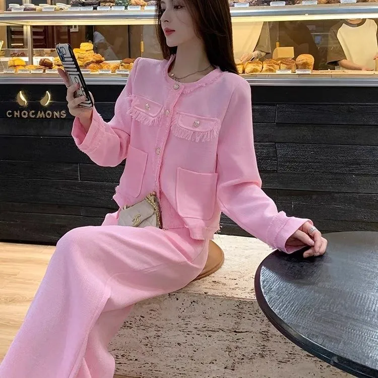 【现货】小香风粉色套装女春秋新款气质显瘦休闲高腰两件套