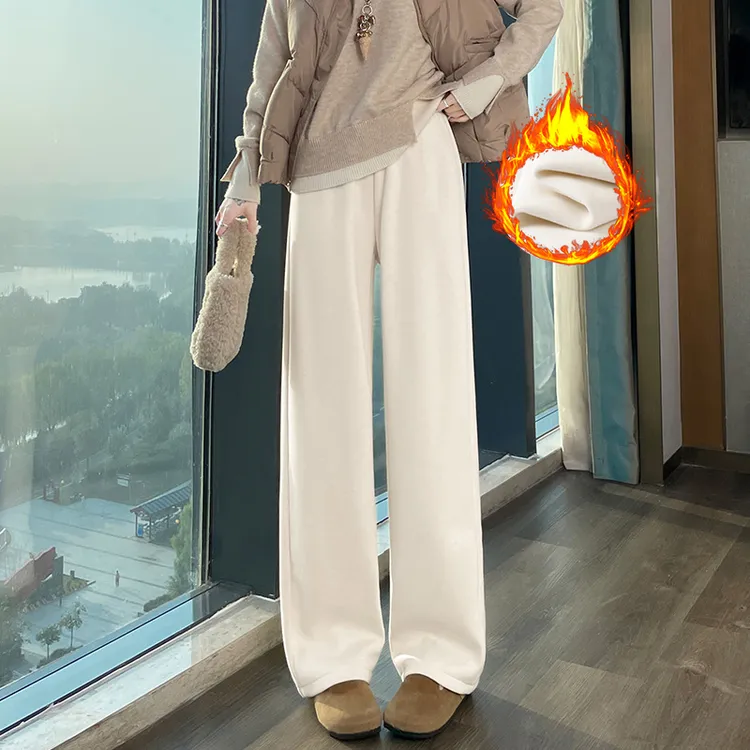 米白色羊毛阔腿裤女秋冬窄版休闲糯米裤2025新款加绒保暖白色裤子