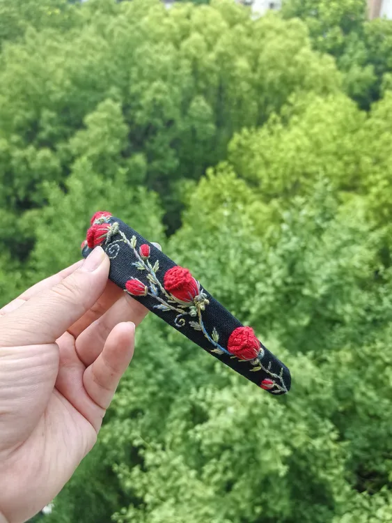 原创纯手工国风刺绣玫瑰宽发箍发饰红色时尚百搭气质发卡头饰