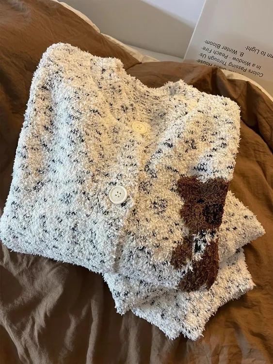 卡通少女感小熊印花半边绒秋冬女款长款睡衣女冬加厚睡衣女秋冬款