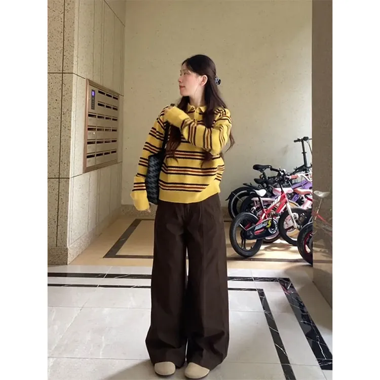 秋季新款复古polo领条纹针织衫上衣宽松阔腿休闲裤套装