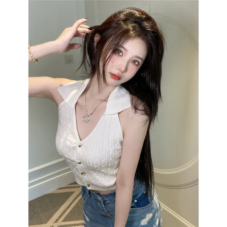 挂脖v领polo小吊带针织背心女夏季小众修身时尚休闲无袖短款上衣