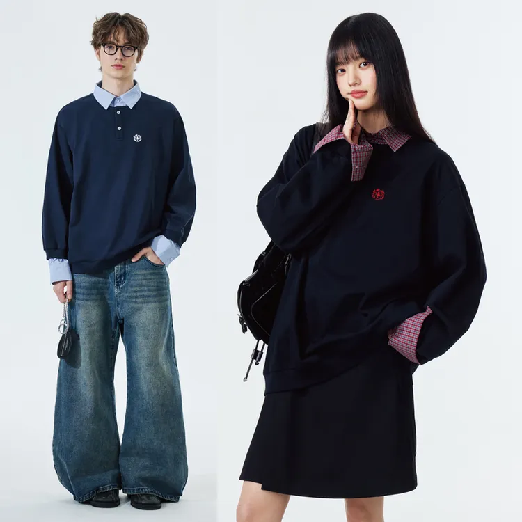 新款假两件衬衫polo领卫衣男情侣装miu系春秋季薄款宽松外套