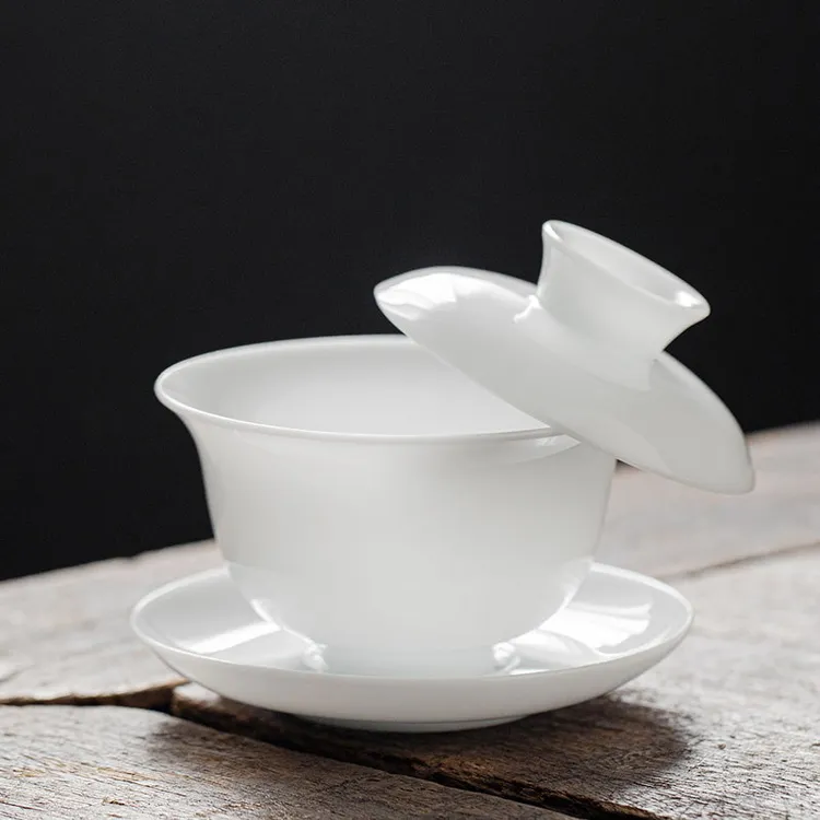 冰种瓷瓷三才盖碗可悬停羊脂瓷单个泡茶碗杯薄胎高档白瓷功夫茶具