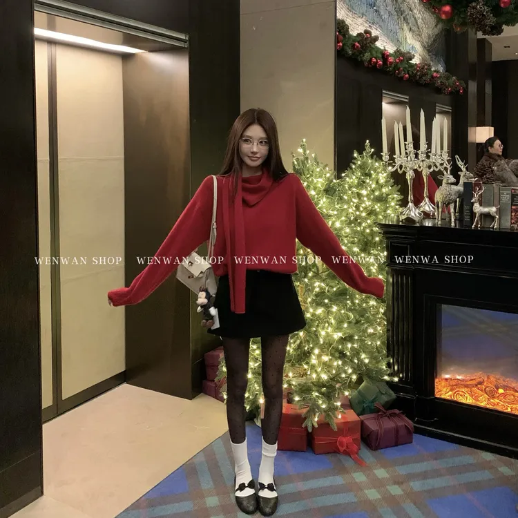 【圣诞狂欢日】气氛针织衫假两件围脖显白百搭毛衣