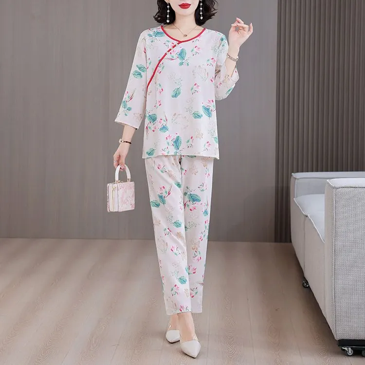 中老年妈妈棉绸套装女春夏新款透气薄款居家可外穿休闲七分袖睡衣