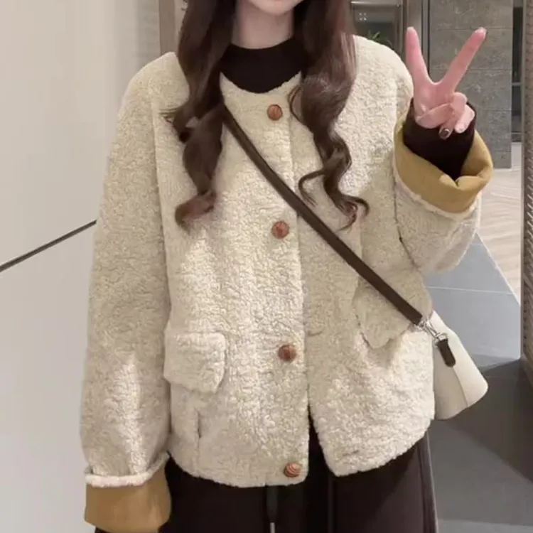 小香风撞色毛绒外套女2025新款秋冬季高级感洋气宽松百搭保暖上衣