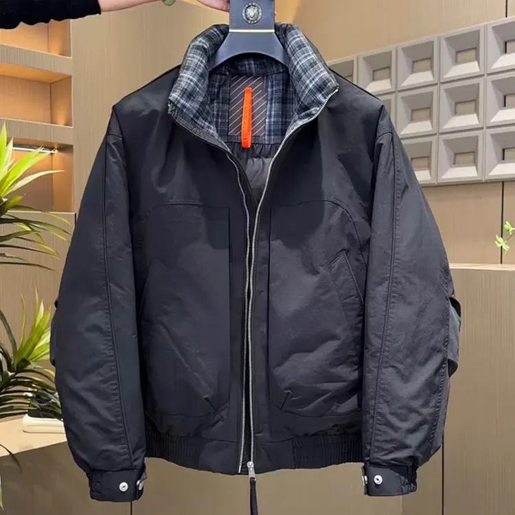 格纹立领保暖羽绒服男款2025冬季潮牌时尚男士外套宽松抗寒高级感