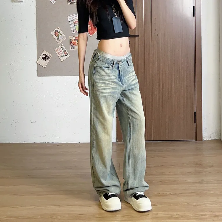 WANWAN万万同款超帅！牛仔裤秋冬刺绣直筒低腰牛仔裤设计感御姐风