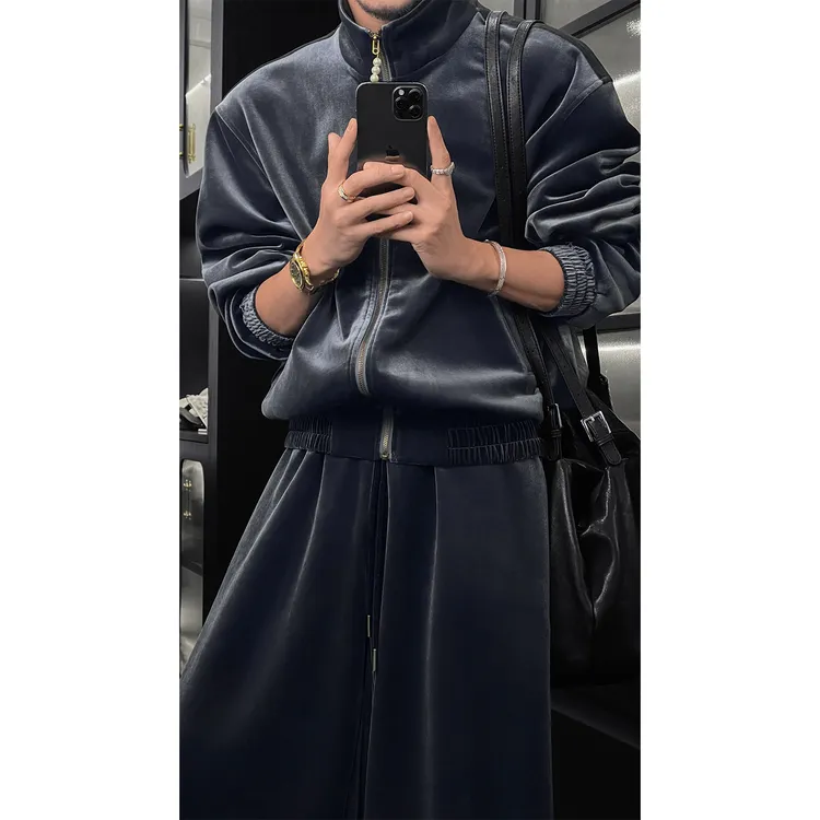 龙叨叨秋冬新品复古高级感丝绒立领夹克套装轻奢简约宽松外套长裤