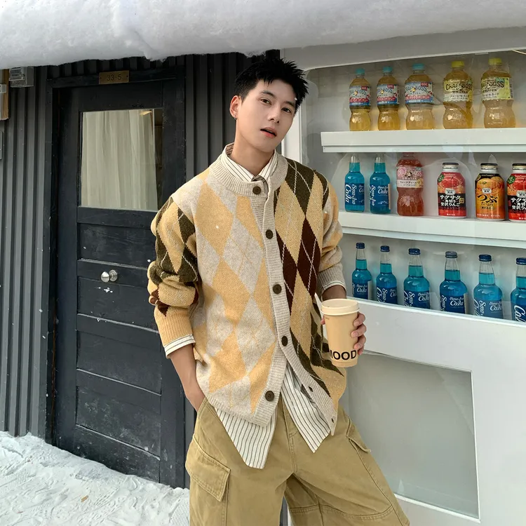 Holocene美式潮牌撞色几何图案秋冬高级感开衫毛衣针织衫91302