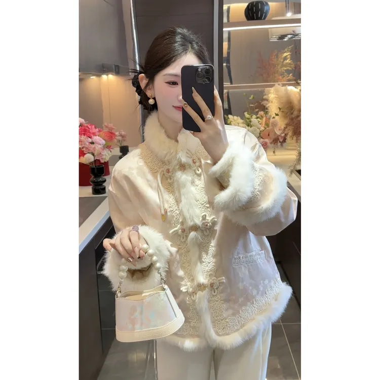 【周粥】【温润如玉】2025新款兔毛门襟刺绣提花保暖羽绒服JJD5WT7119