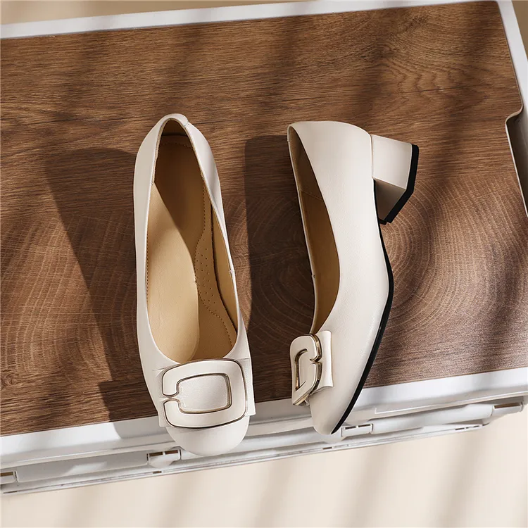 法式方头粗跟高跟鞋头层牛皮女鞋2025春秋坡跟软底真皮单鞋浅口鞋