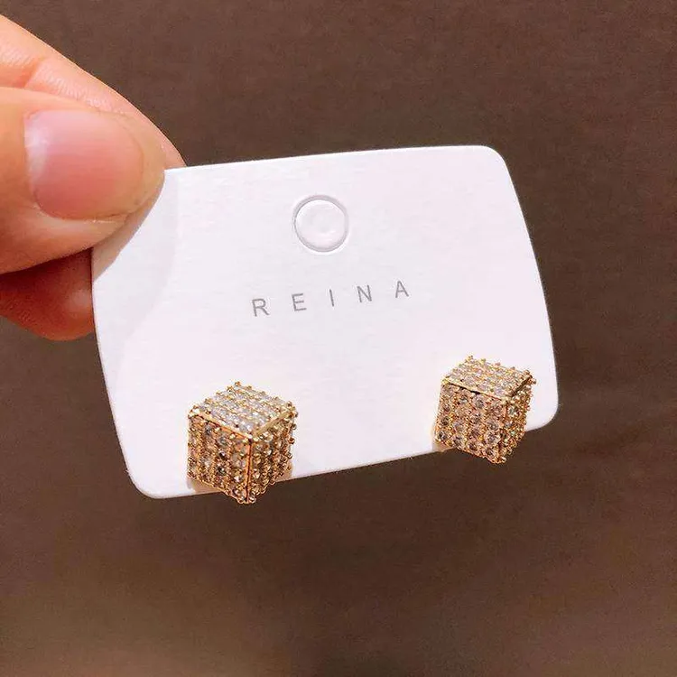 合金耳饰 韩国东大门微镶锆石立体魔方气质精致小巧耳钉耳环百搭