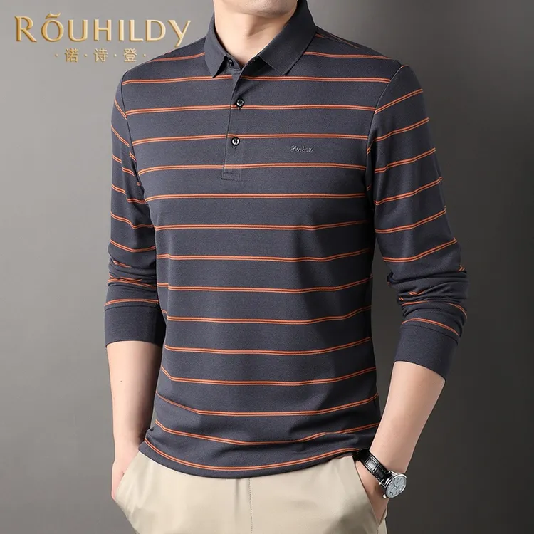 Rouhildy条纹t恤男春秋季休闲翻领打底衫商务男士长袖Polo衫