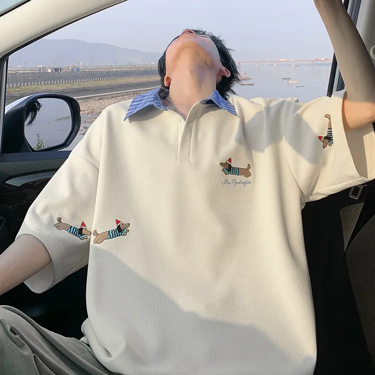 小狗刺绣假两件短袖t恤男款夏季衬衫领上衣青少年POLO衫重磅体恤