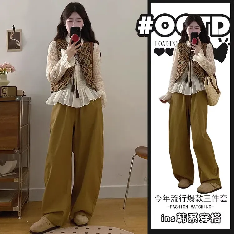 减龄套装女秋季新款复古气质蕾丝衬衫+马甲背心+阔腿裤洋气三件套